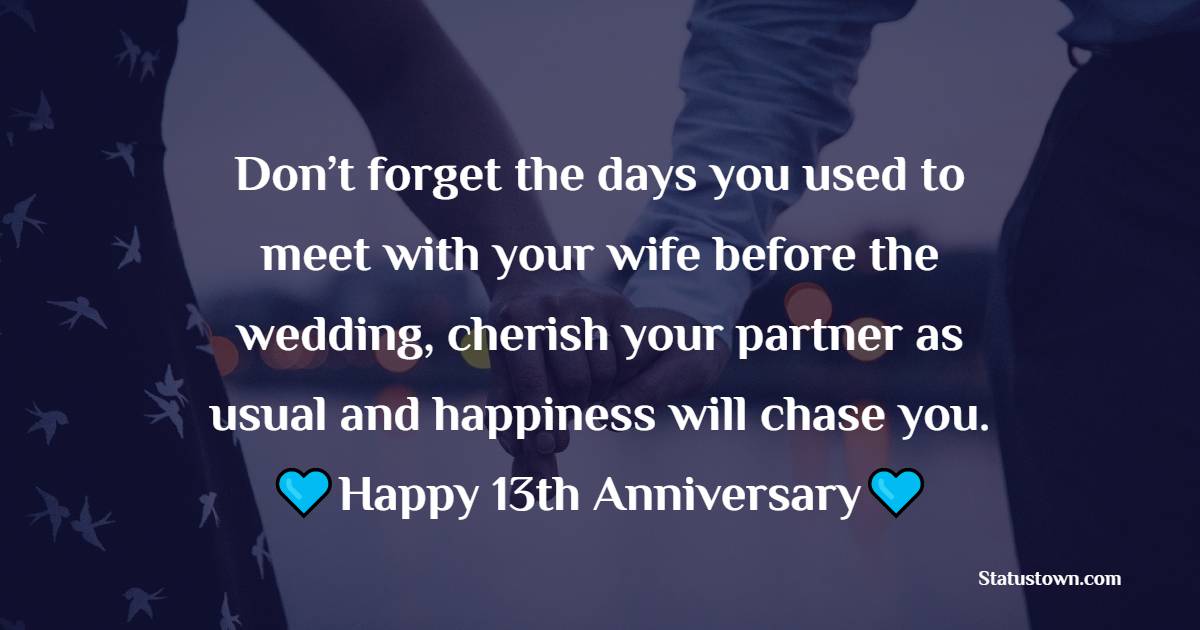 Don’t forget the days you used to meet with your wife before the wedding, cherish your partner as usual and happiness will chase you. Happy 13th Anniversary Day! - 13th Anniversary Wishes