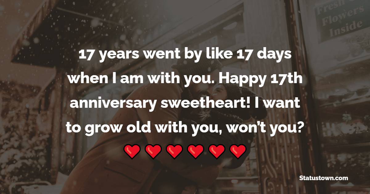 17 years went by like 17 days when I am with you. Happy 17th anniversary sweetheart! I want to grow old with you, won’t you? - 17th Anniversary Wishes