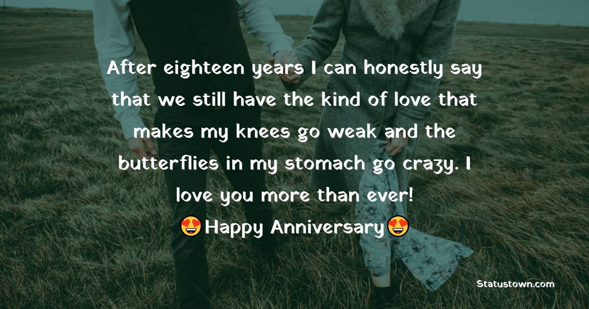 After eighteen years I can honestly say that we still have the kind of love that makes my knees go weak and the butterflies in my stomach go crazy. I love you more than ever! - 18th Anniversary Wishes