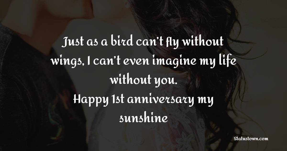 Just as a bird can’t fly without wings, I can’t even imagine my life without you. Happy 1st anniversary my sunshine! - 1st Anniversary Wishes for Wife