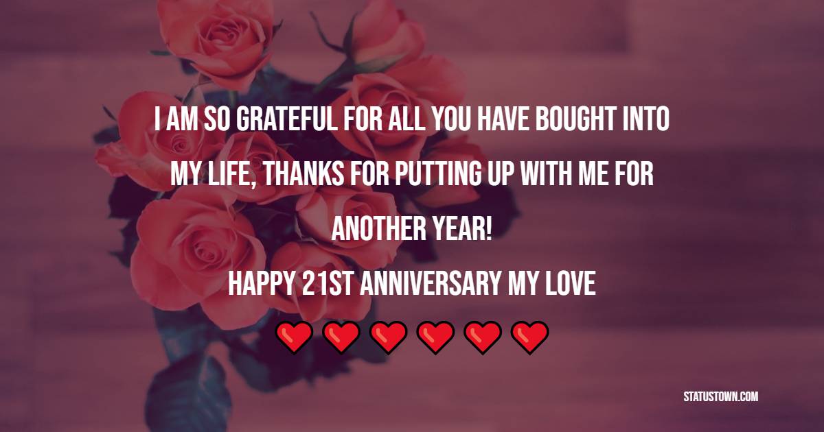 I am so grateful for all you have bought into my life, Thanks for putting up with me for another year! Happy 21st Anniversary my love. - 21st Anniversary Wishes