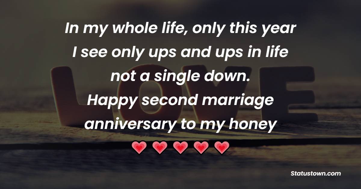 In my whole life, only this year I see only ups and ups in life not a single down. Happy second marriage anniversary to my honey. - 2nd Anniversary Wishes for Husband