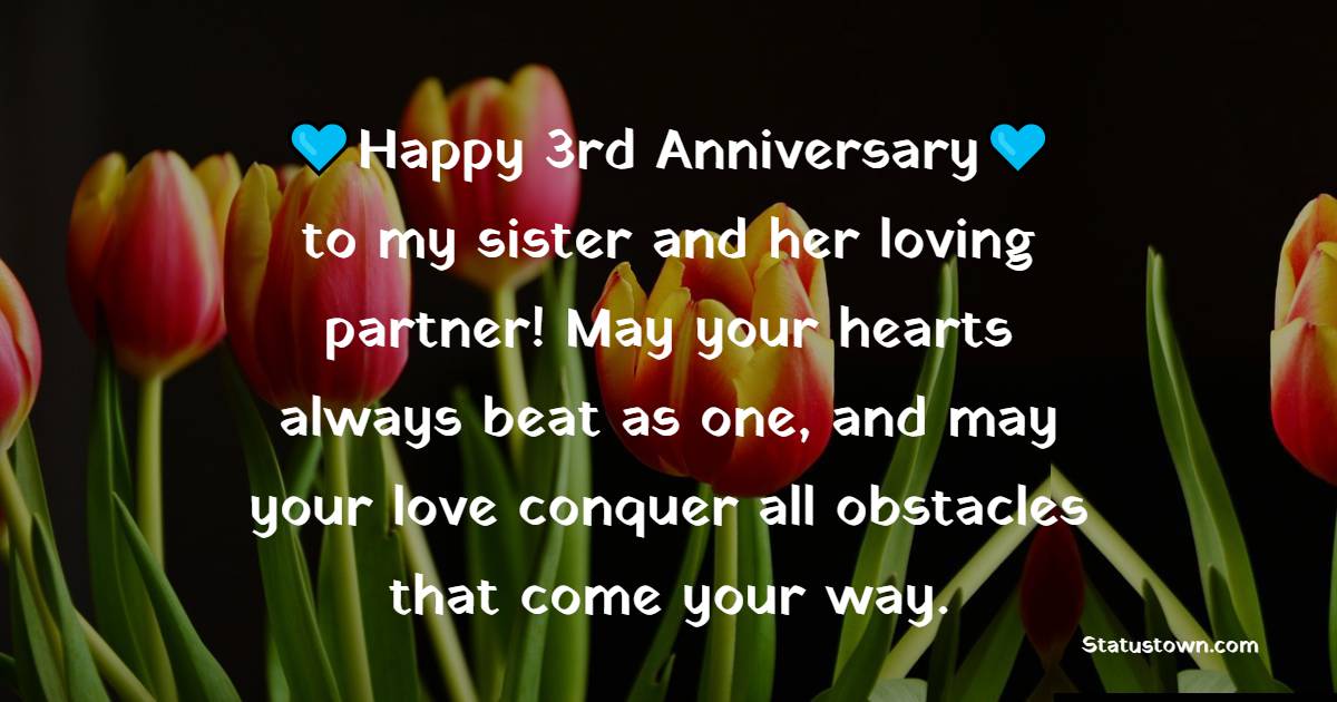 Happy 3rd anniversary to my sister and her loving partner! May your hearts always beat as one, and may your love conquer all obstacles that come your way. - 3rd Anniversary Wishes for Sister