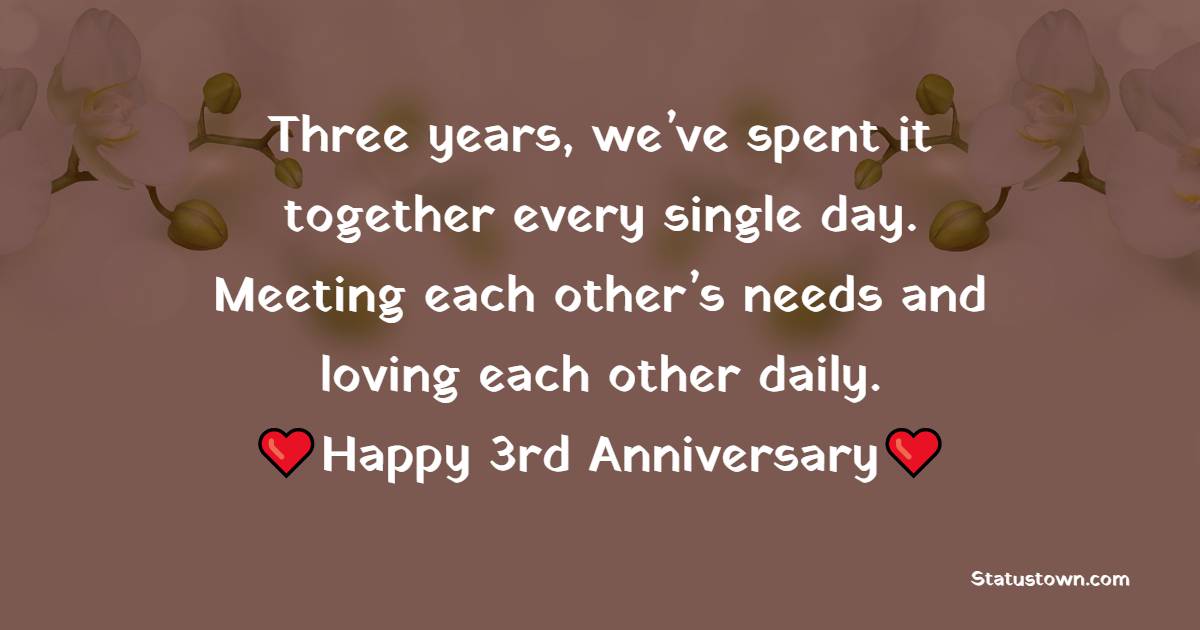 Three years, we’ve spent it together every single day. Meeting each other’s needs and loving each other daily. - 3rd Anniversary Wishes for Husband