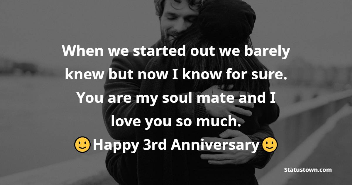 When we started out we barely knew but now I know for sure. You are my soul mate and I love you so much. - 3rd Anniversary Wishes for Husband