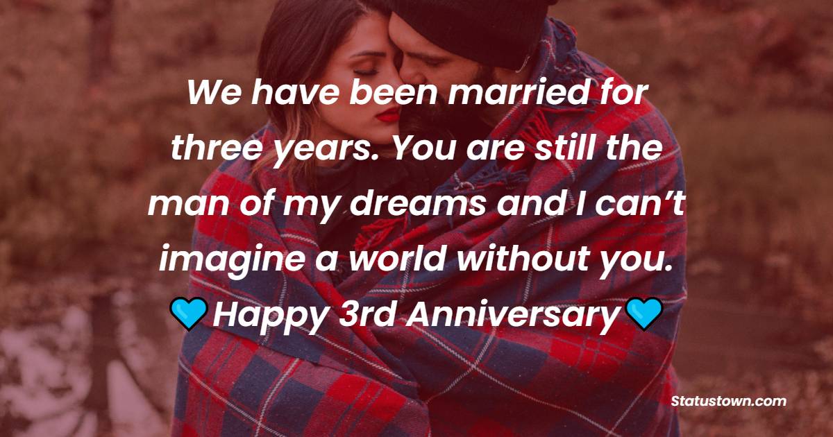 We have been married for three years. You are still the man of my dreams and I can’t imagine a world without you.  Happy 3rd Anniversary - 3rd Anniversary Wishes for Husband