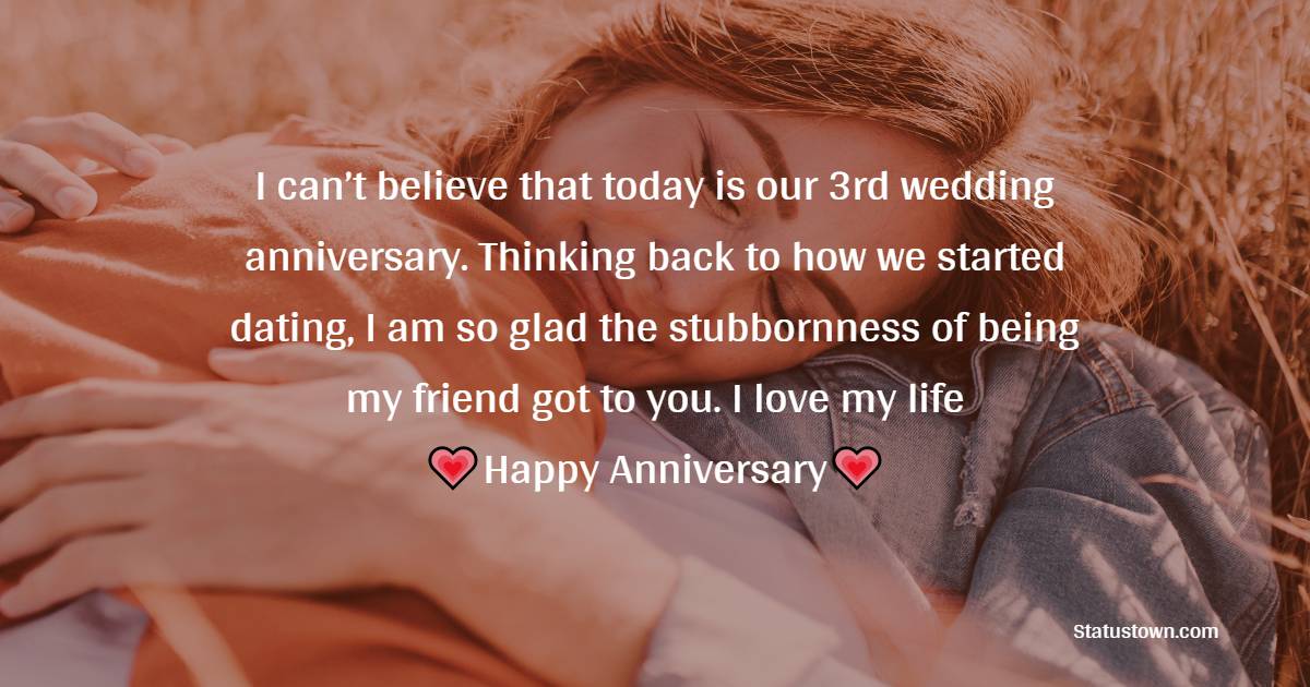 I can’t believe that today is our 3rd wedding anniversary. Thinking back to how we started dating, I am so glad the stubbornness of being my friend got to you. I love my life - 3rd Anniversary Wishes for Wife