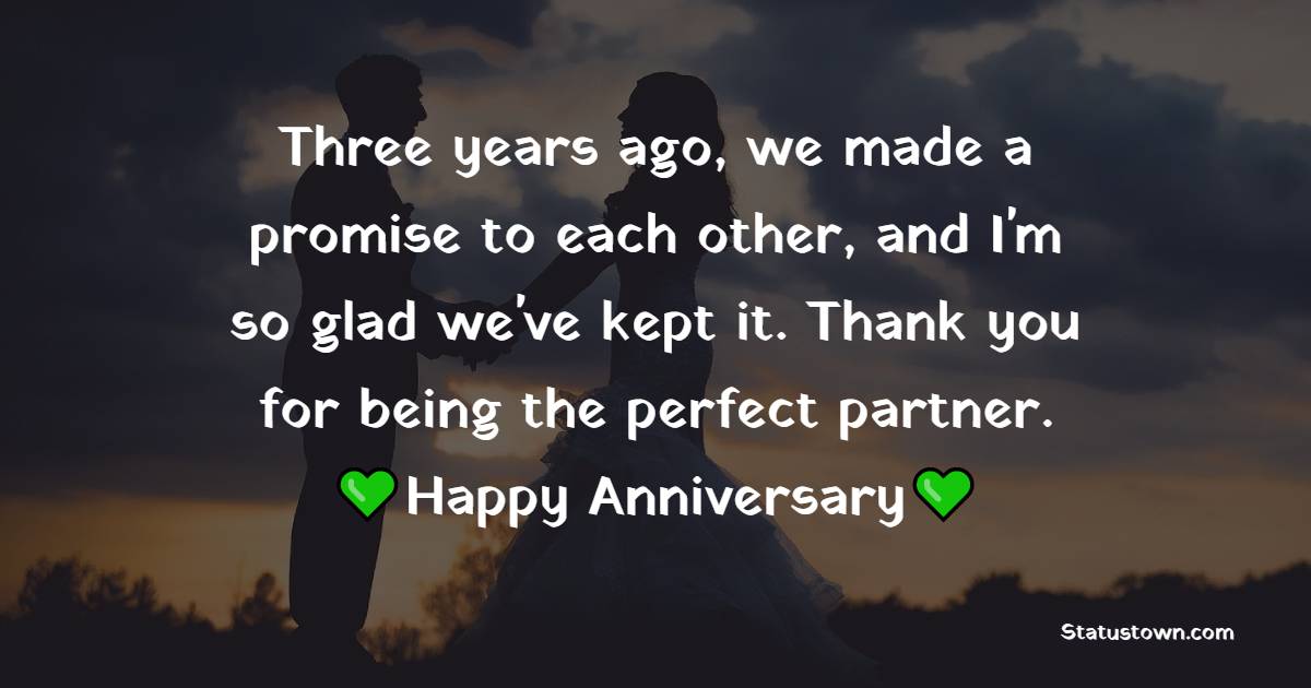 Three years ago, we made a promise to each other, and I'm so glad we've kept it. Thank you for being the perfect partner. Happy anniversary, my dear! - 3rd Relationship Anniversary Wishes for Boyfriend