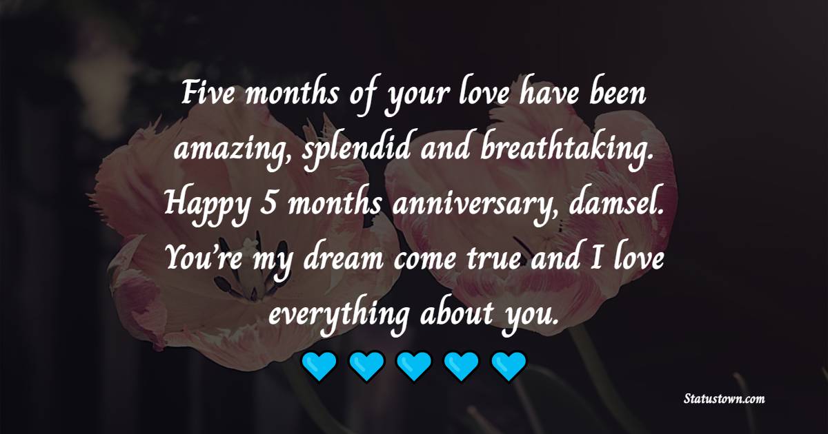 Five months of your love have been amazing, splendid and breathtaking. Happy 5 months anniversary, damsel. You’re my dream come true and I love everything about you. - 5 Months Anniversary Wishes
