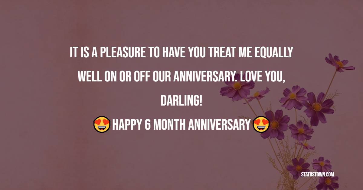 It is a pleasure to have you treat me equally well on or off our anniversary. Love you, darling! - 6 month anniversary Wishes 