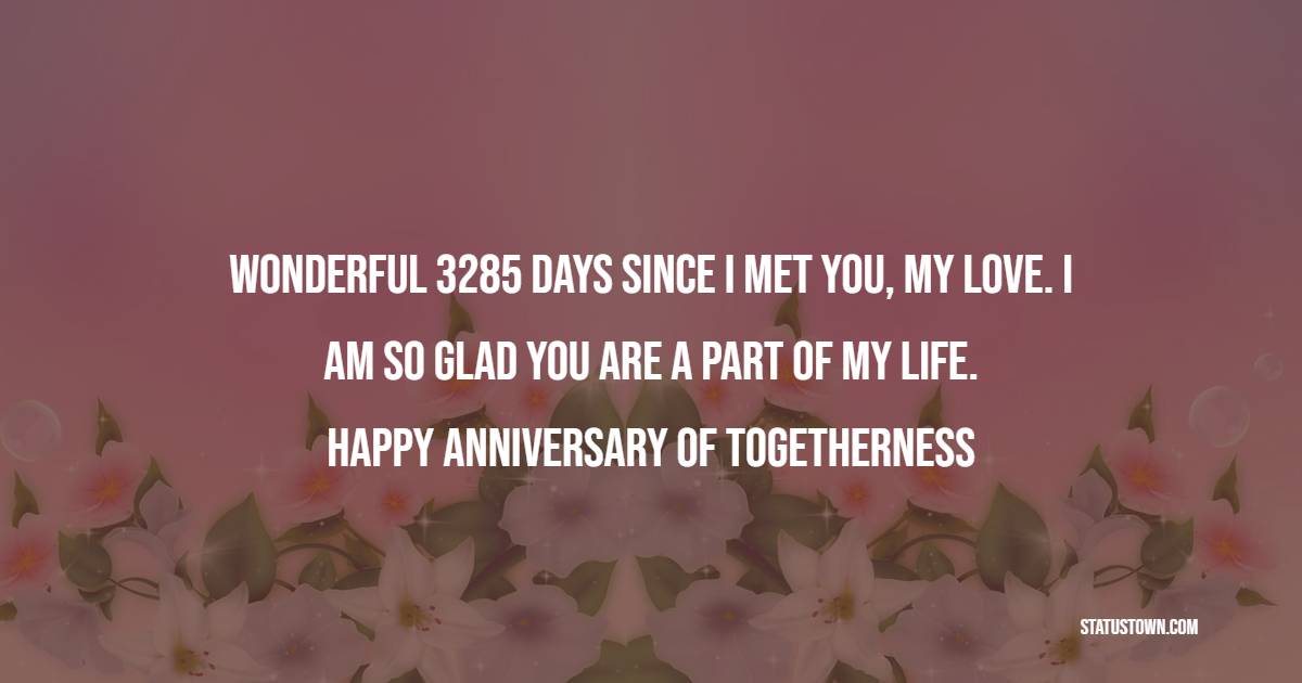 Wonderful 3285 days since I met you, my love. I am so glad you are a part of my life. Happy 9th year anniversary of togetherness! - 9th Anniversary Messages