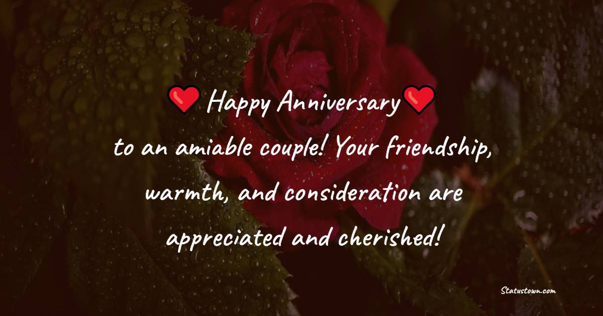 Happy Wedding Anniversary to an amiable couple! Your friendship, warmth, and consideration are appreciated and cherished!