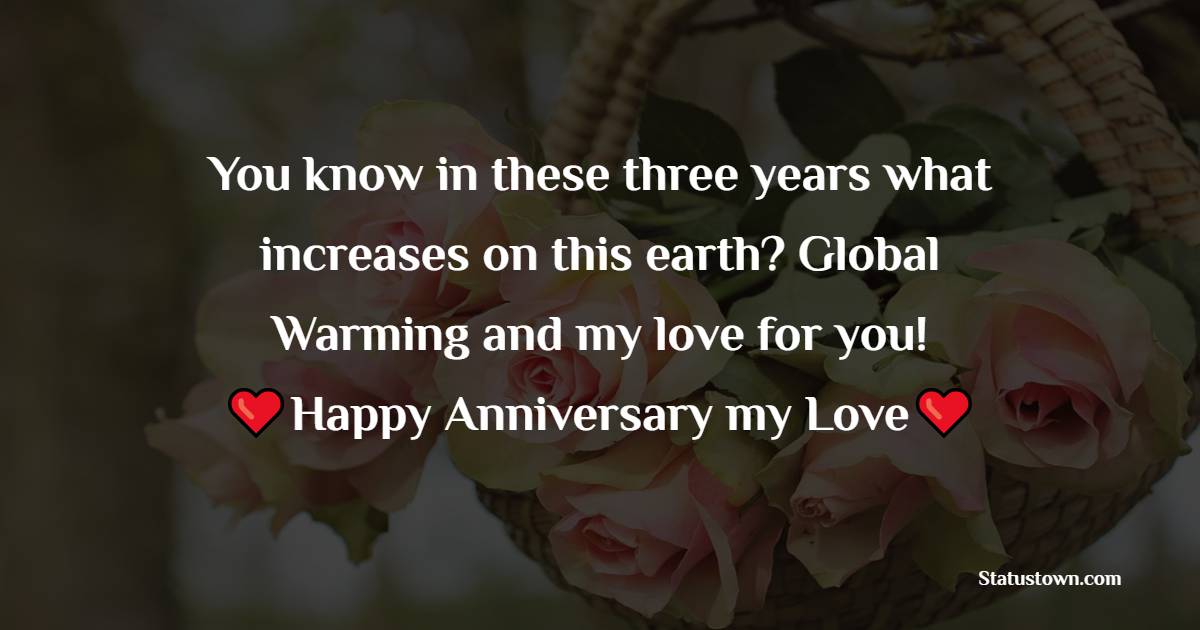 You know in these three years what increases on this earth? Global Warming and my love for you! Happy Anniversary Love. - Relationship Anniversary Wishes For Girlfriend