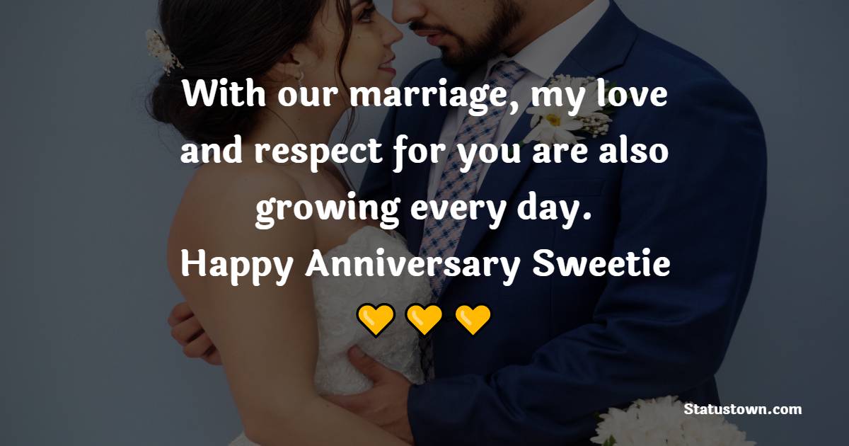 With our marriage, my love and respect for you are also growing every day. Happy anniversary, sweetie. - Romantic Anniversary Wishes for Husband