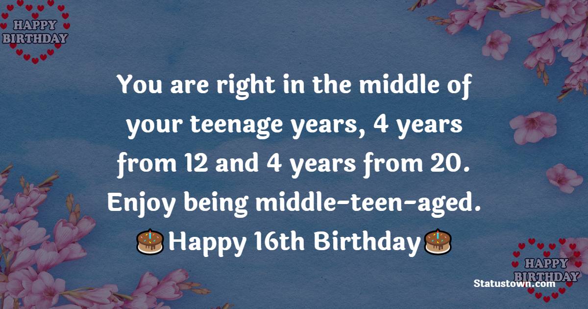 You are right in the middle of your teenage years, 4 years from 12 and 4 years from 20. Enjoy being middle-teen-aged.  - 16th Birthday Wishes 