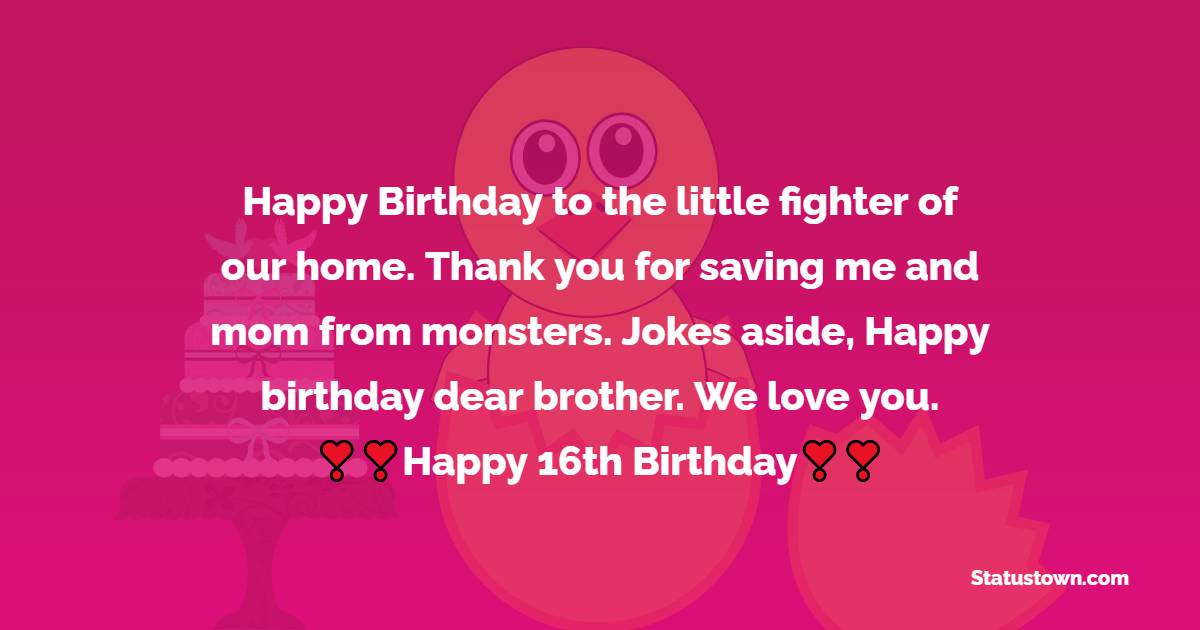  Happy Birthday to the little fighter of our home. Thank you for saving me and mom from monsters. Jokes aside, Happy birthday dear brother. We love you.  - 16th Birthday Wishes 