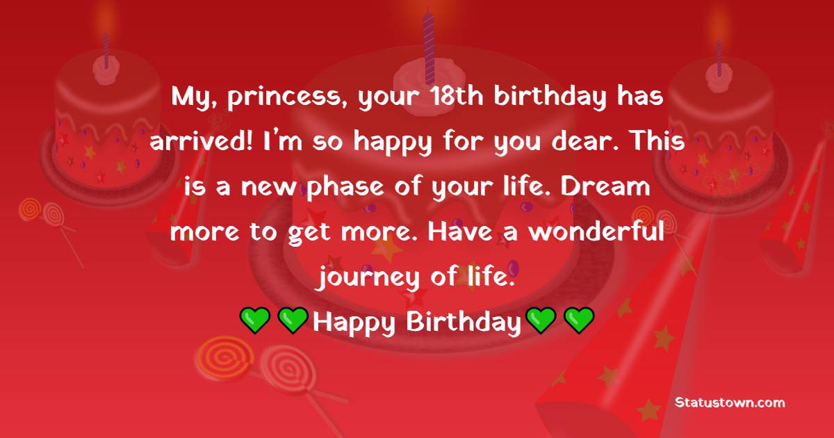   My, princess, your 18th birthday has arrived! I’m so happy for you dear. This is a new phase of your life. Dream more to get more. Have a wonderful journey of life.   - 18th Birthday Wishes 