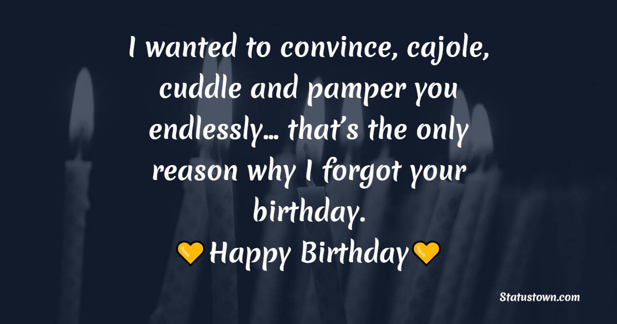 I wanted to convince, cajole, cuddle and pamper you endlessly… that’s the only reason why I forgot your birthday. - Belated Birthday Wishes for Wife