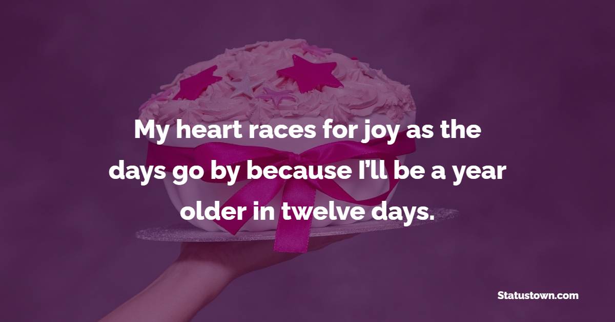 My heart races for joy as the days go by because I’ll be a year older in twelve days. - Birthday Countdown Captions