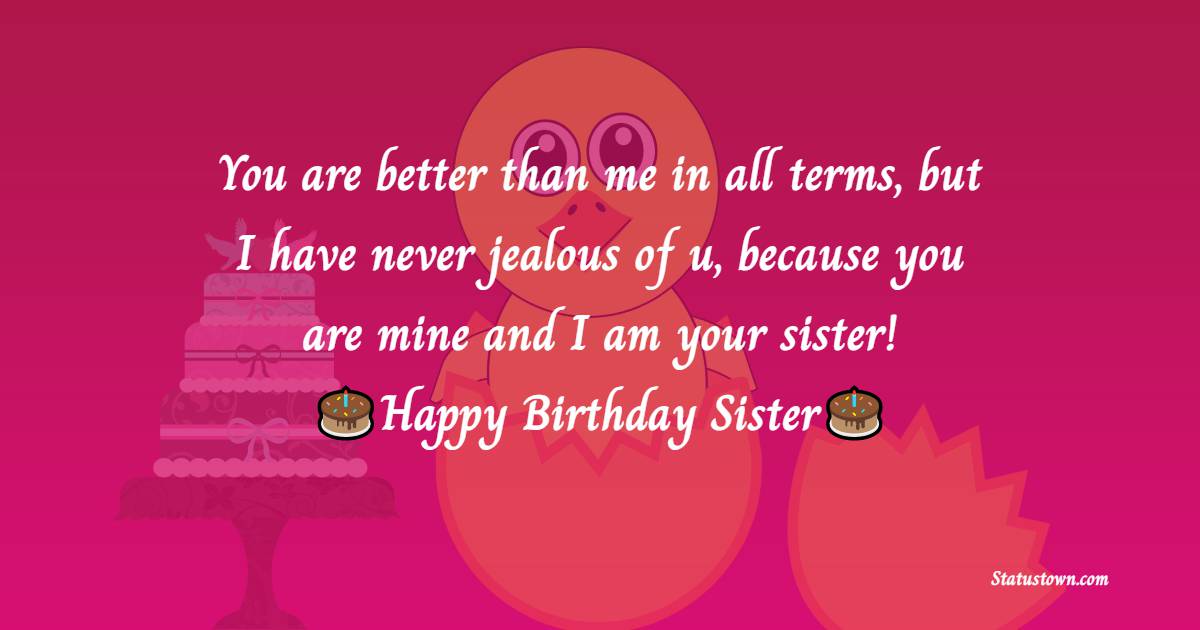  You are better than me in all terms, but I have never jealous of u, because you are mine and I am your sister!  - Birthday Wishes for Sister