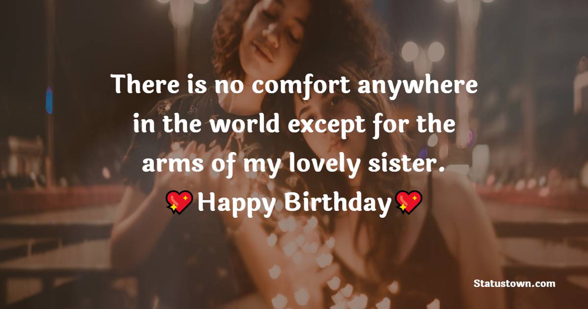 There is no comfort anywhere in the world except for the arms of my lovely sister. Happy Birthday my lovely sister!  - Birthday Wishes for Sister