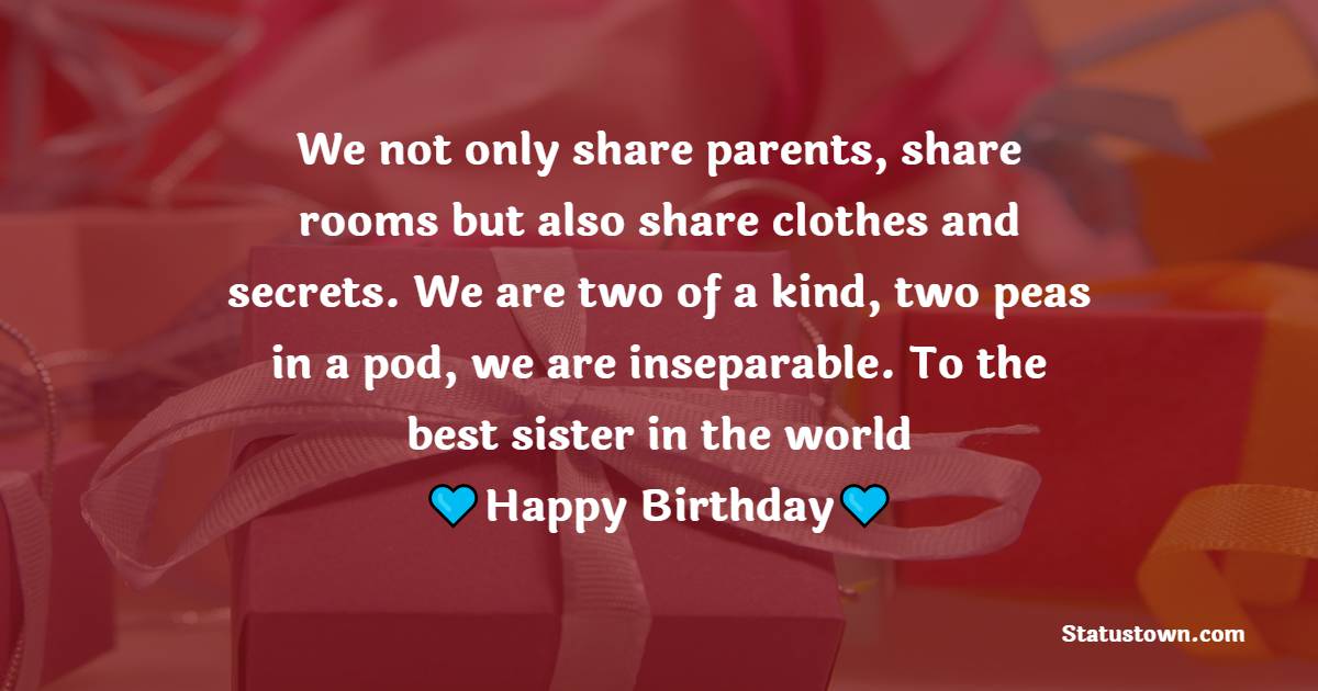  We not only share parents, share rooms but also share clothes and secrets. We are two of a kind, two peas in a pod, we are inseparable. To the best sister in the world, - Birthday Wishes for Sister