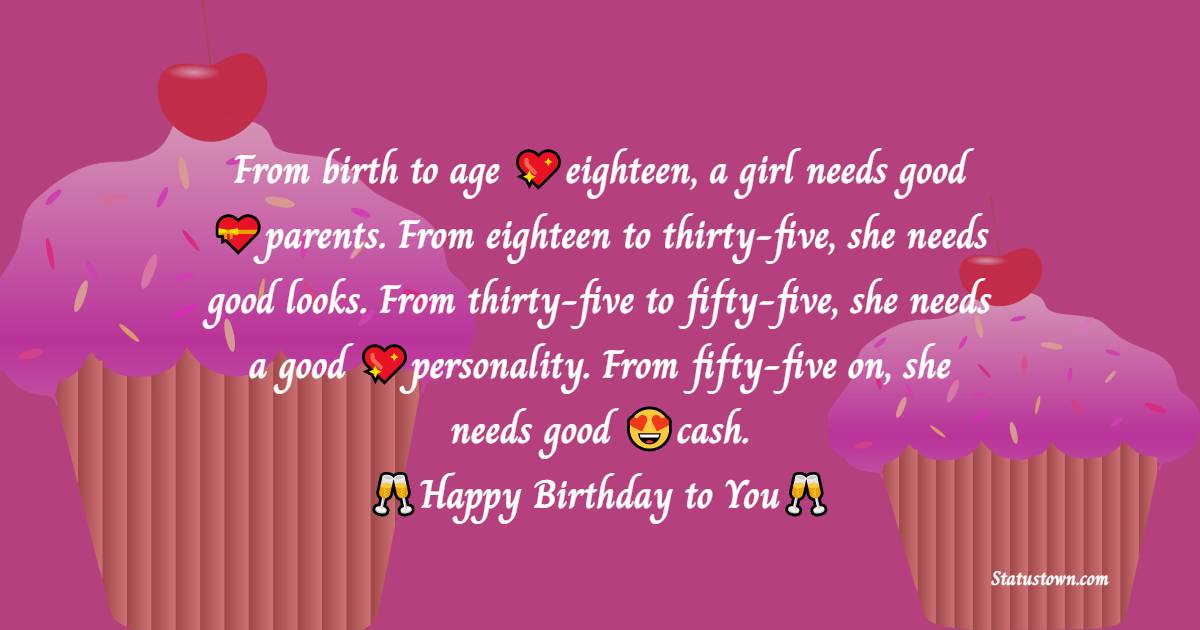  From birth to age eighteen, a girl needs good parents. From eighteen to thirty-five, she needs good looks. From thirty-five to fifty-five, she needs a good personality. From fifty-five on, she needs good cash.    - Happy Birthday Wishes