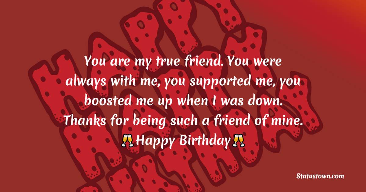  You are my true friend. You were always with me, you supported me, you boosted me up when I was down. Thanks for being such a friend of mine.   - Happy Birthday Wishes