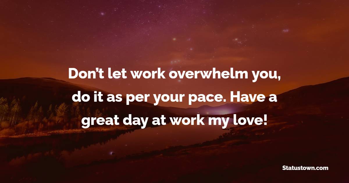 Don’t let work overwhelm you, do it as per your pace. Have a great day at work my love! - Good Day Wishes 