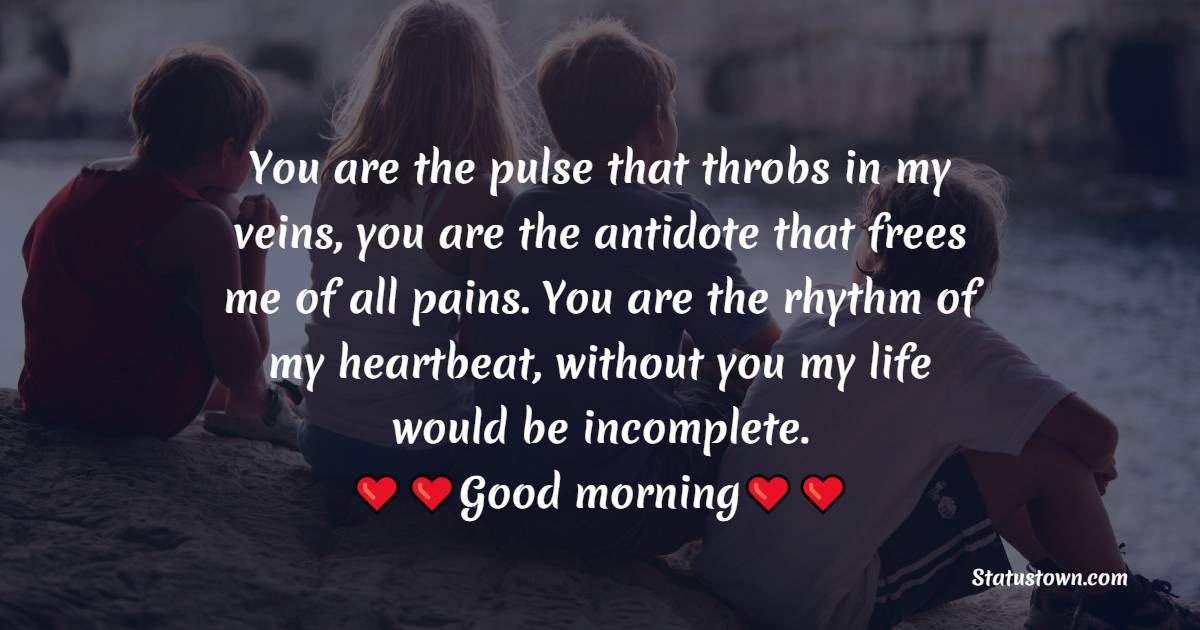 You are the pulse that throbs in my veins, you are the antidote that frees me of all pains. You are the rhythm of my heartbeat, without you my life would be incomplete. Good morning - Good Morning Message For Friends 
