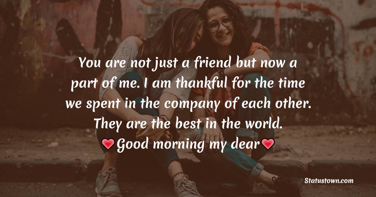 You are not just a friend but now a part of me. I am thankful for the times we spent in the company of each other. They are the best in the world. Good morning, my dear. - Good Morning Message For Friends 