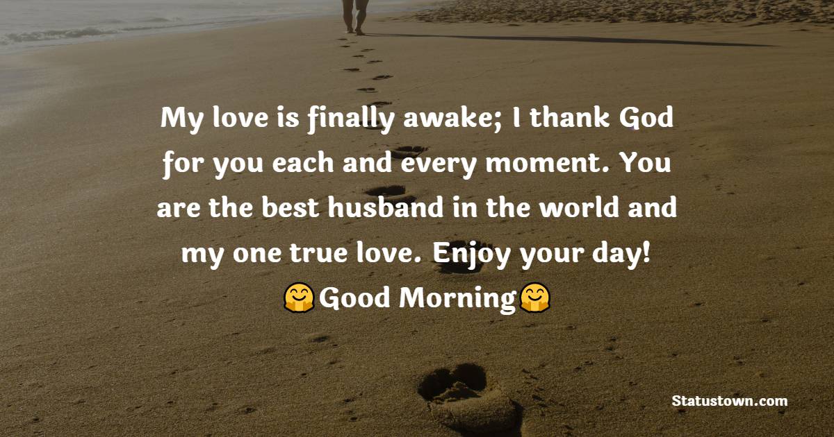 My love is finally awake; I thank God for you each and every moment. You are the best husband in the world and my one true love. Enjoy your day! - Good Morning Message For Husband