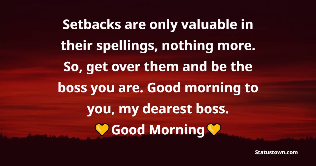 Setbacks are only valuable in their spellings, nothing more. So, get over them and be the boss you are. Good morning to you, my dearest boss. - Good Morning Messages For Boss 