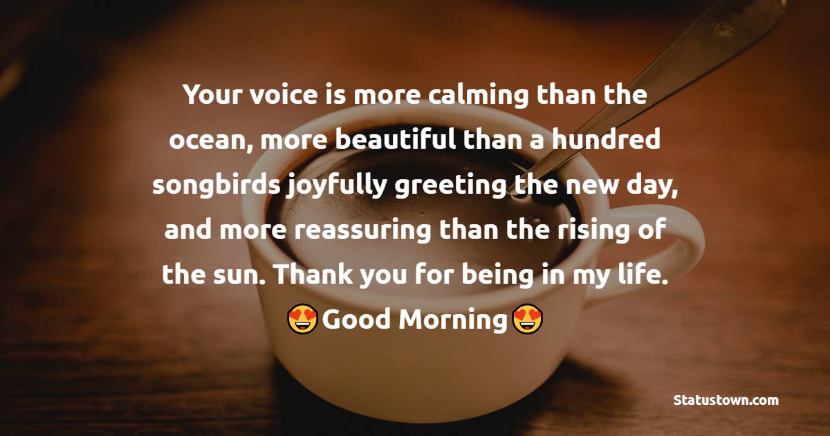 Your voice is more calming than the ocean, more beautiful than a hundred songbirds joyfully greeting the new day, and more reassuring than the rising of the sun. Thank you for being in my life. - Good Morning Messages For Boyfriend