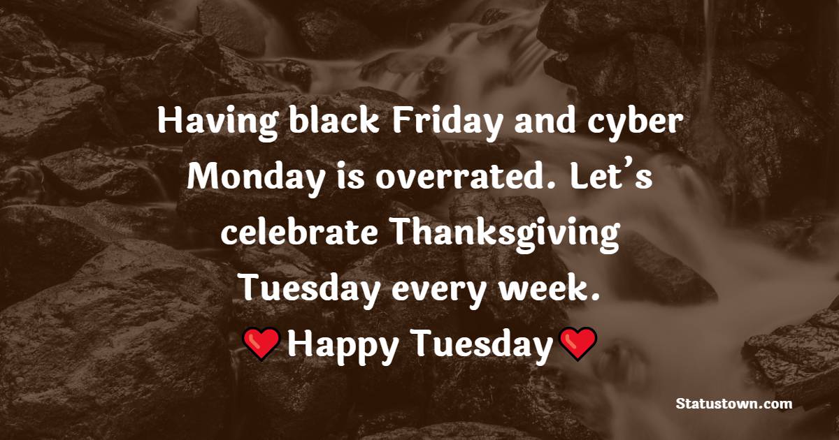 Having black Friday and cyber Monday is overrated. Let’s celebrate Thanksgiving Tuesday every week. Happy Tuesday.