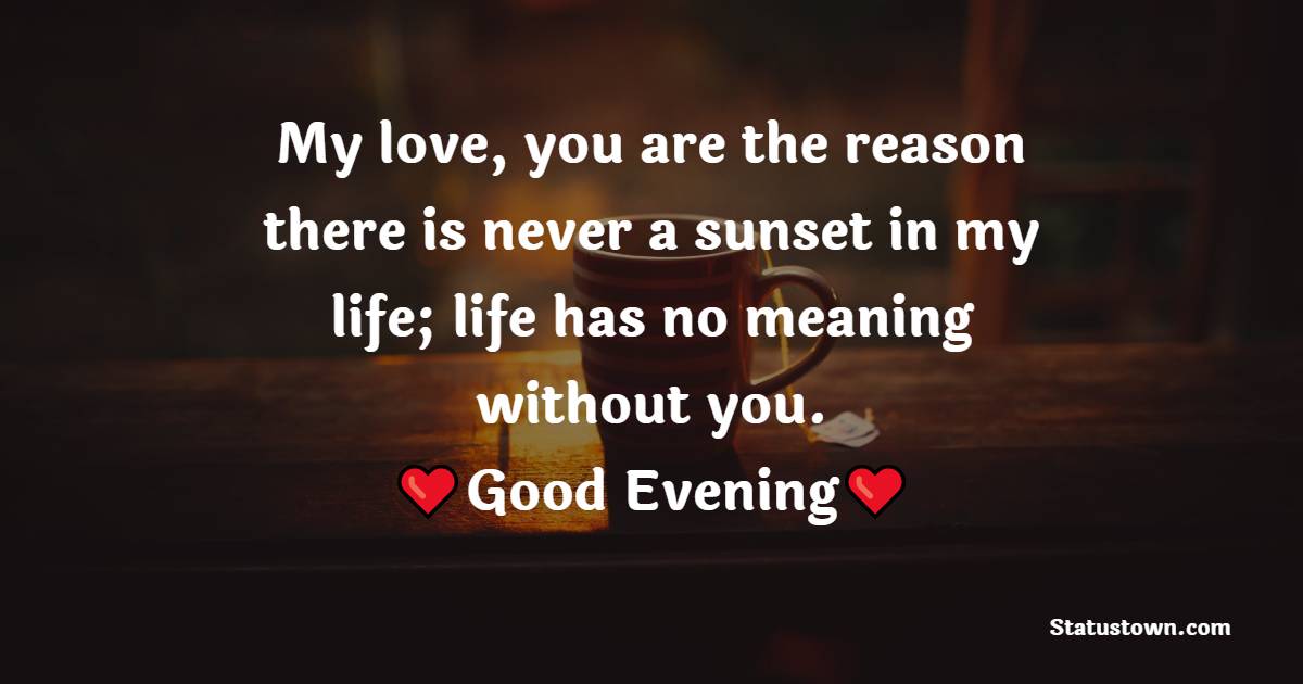 My love, you are the reason there is never a sunset in my life; life has no meaning without you. Good evening - Romantic Good Evening Messages