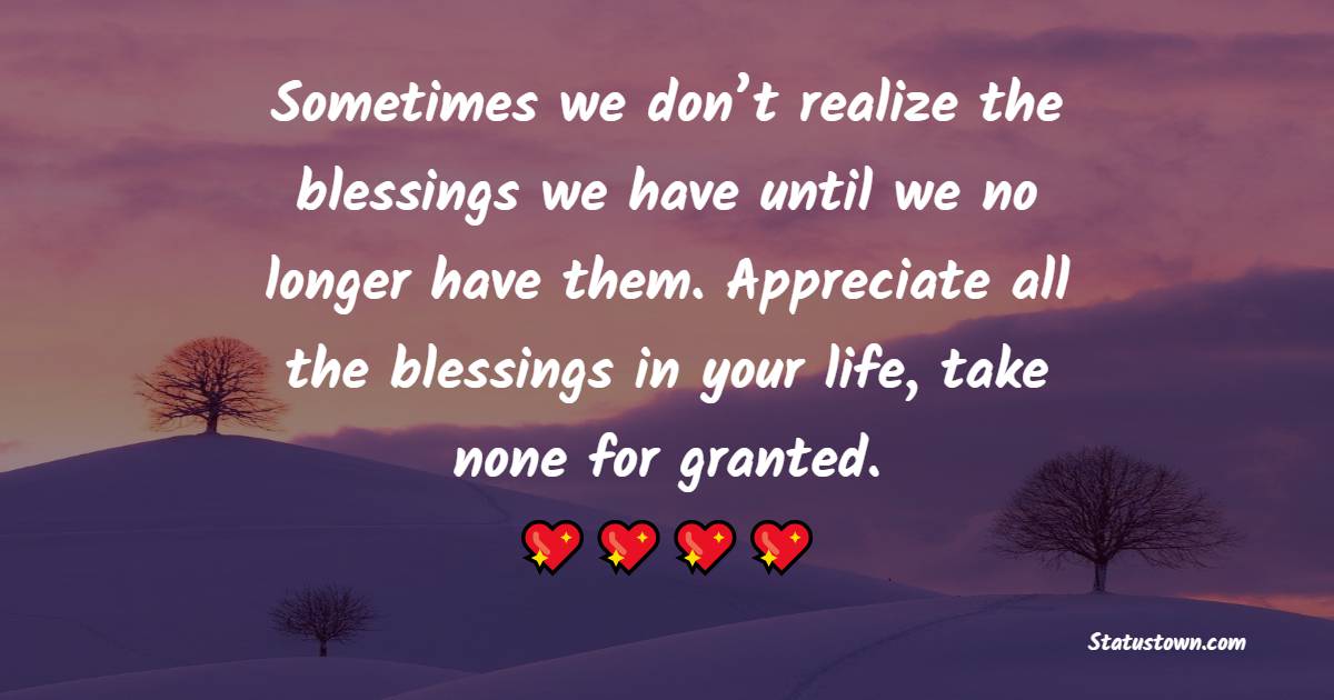 Sometimes we don’t realize the blessings we have until we no longer have them. Appreciate all the blessings in your life, take none for granted. - Sunday Motivation Quotes