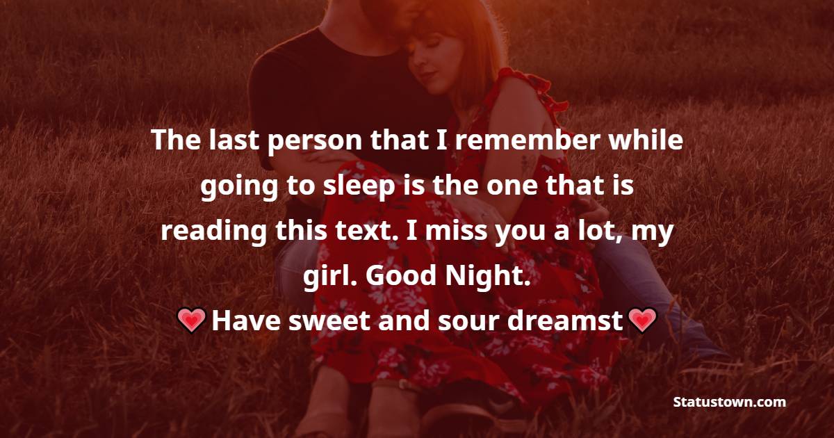 The last person that I remember while going to sleep is the one that is reading this text. I miss you a lot, my girl. Good Night. Have sweet and sour dreams - good night Messages For Girlfriend