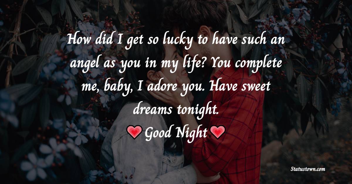 How did I get so lucky to have such an angel as you in my life? You complete me, baby, I adore you. Have sweet dreams tonight. - good night Messages For Girlfriend