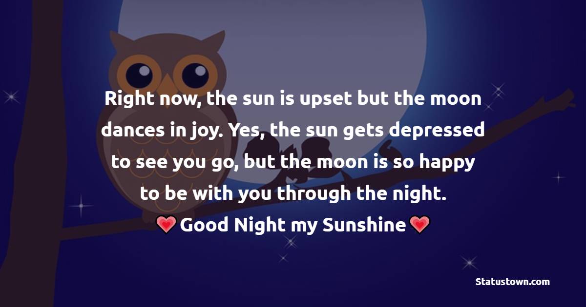 Right now, the sun is upset — but the moon dances in joy. Yes, the sun gets depressed to see you go, but the moon is so happy to be with you through the night. Goodnight, my sunshine. - good night Messages For boyfriend