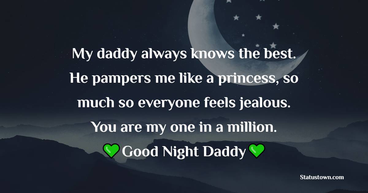 My daddy always knows the best. He pampers me like a princess, so much so everyone feels jealous. You are my one in a million. Good night, daddy. - good night Messages For dad
 