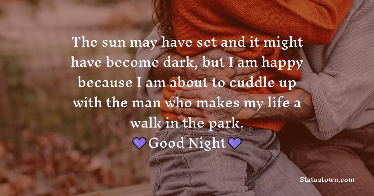 The sun may have set and it might have become dark, but I am happy because I am about to cuddle up with the man who makes my life a walk in the park. Good night. - good night Messages For husband 