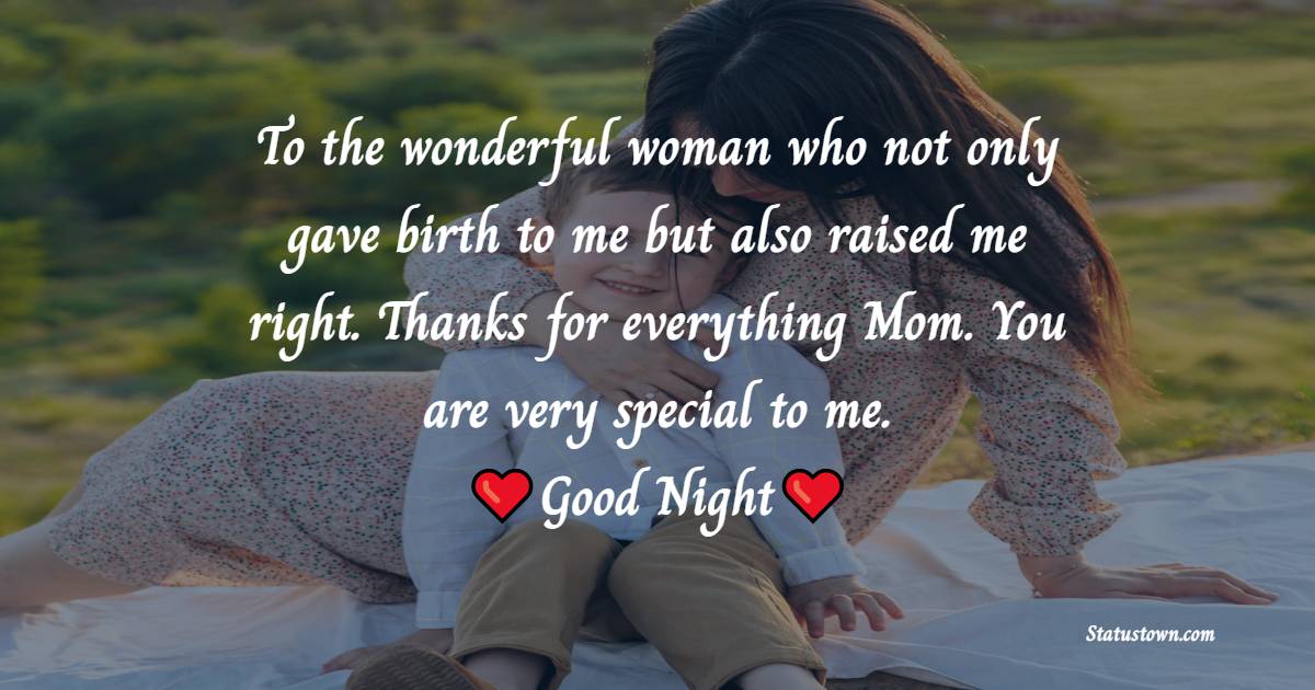 To the wonderful woman who not only gave birth to me but also raised me right. Thanks for everything Mom. You are very special to me. Good night. - good night Messages For mom