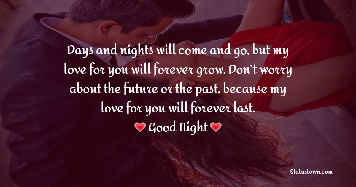 Days and nights will come and go, but my love for you will forever grow. Don’t worry about the future or the past, because my love for you will forever last. Good night. - good night Messages For wife
 