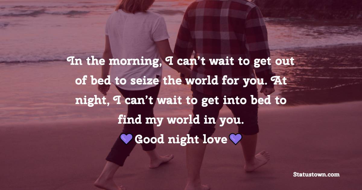 In the morning, I can’t wait to get out of bed to seize the world for you. At night, I can’t wait to get into bed to find my world in you. Good night love. - good night Messages For wife
