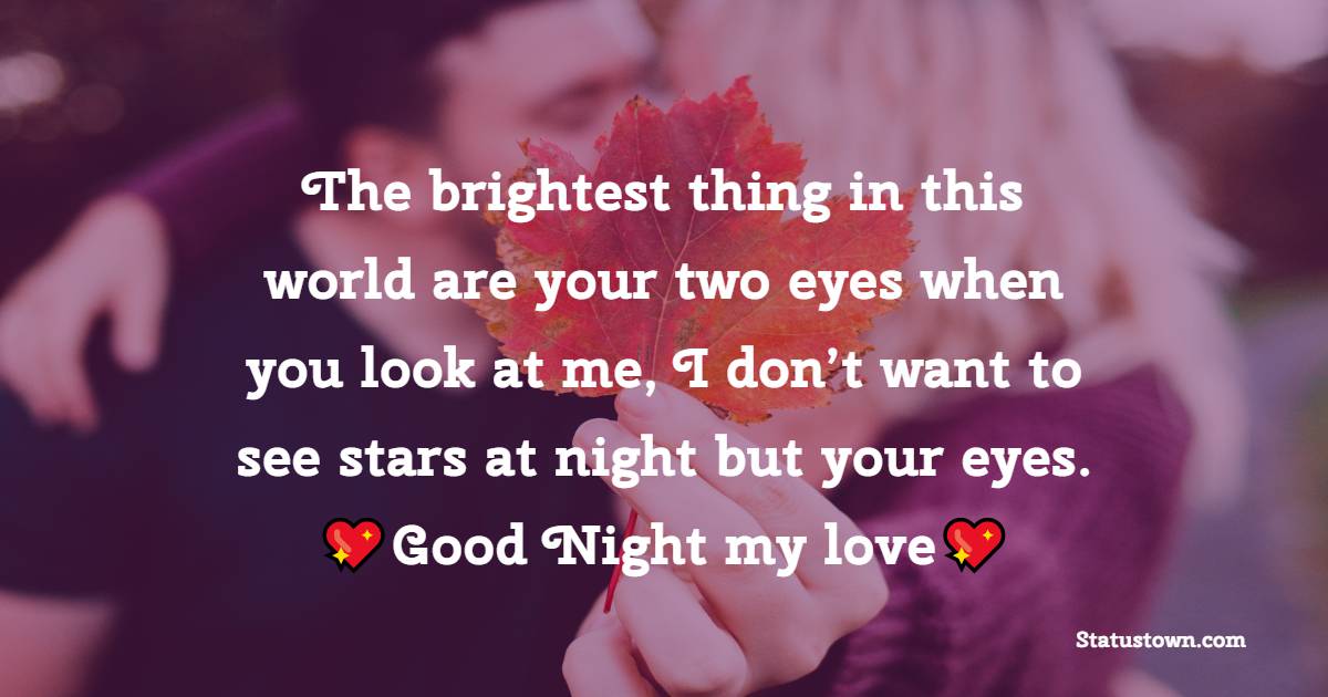 The brightest thing in this world are your two eyes when you look at me, I don’t want to see stars at night but your eyes. Goodnight my love. - good night love messages
 