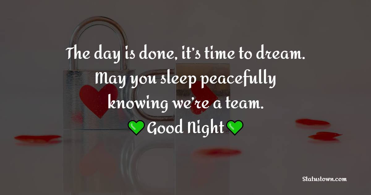The day is done, it’s time to dream. May you sleep peacefully knowing we’re a team. Good night honey I love you. - Romantic good night messages
