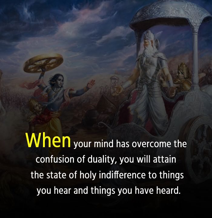 When your mind has overcome the confusion of duality, you will attain the state of holy indifference to things you hear and things you have heard. - Bhagavad Gita Quotes 