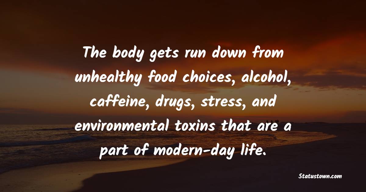 The body gets run down from unhealthy food choices, alcohol, caffeine, drugs, stress, and environmental toxins that are a part of modern-day life. - Detox Quotes 