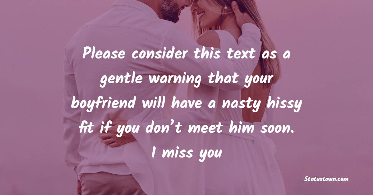 Please consider this text as a gentle warning that your boyfriend will have a nasty hissy fit if you don’t meet him soon. I miss you.